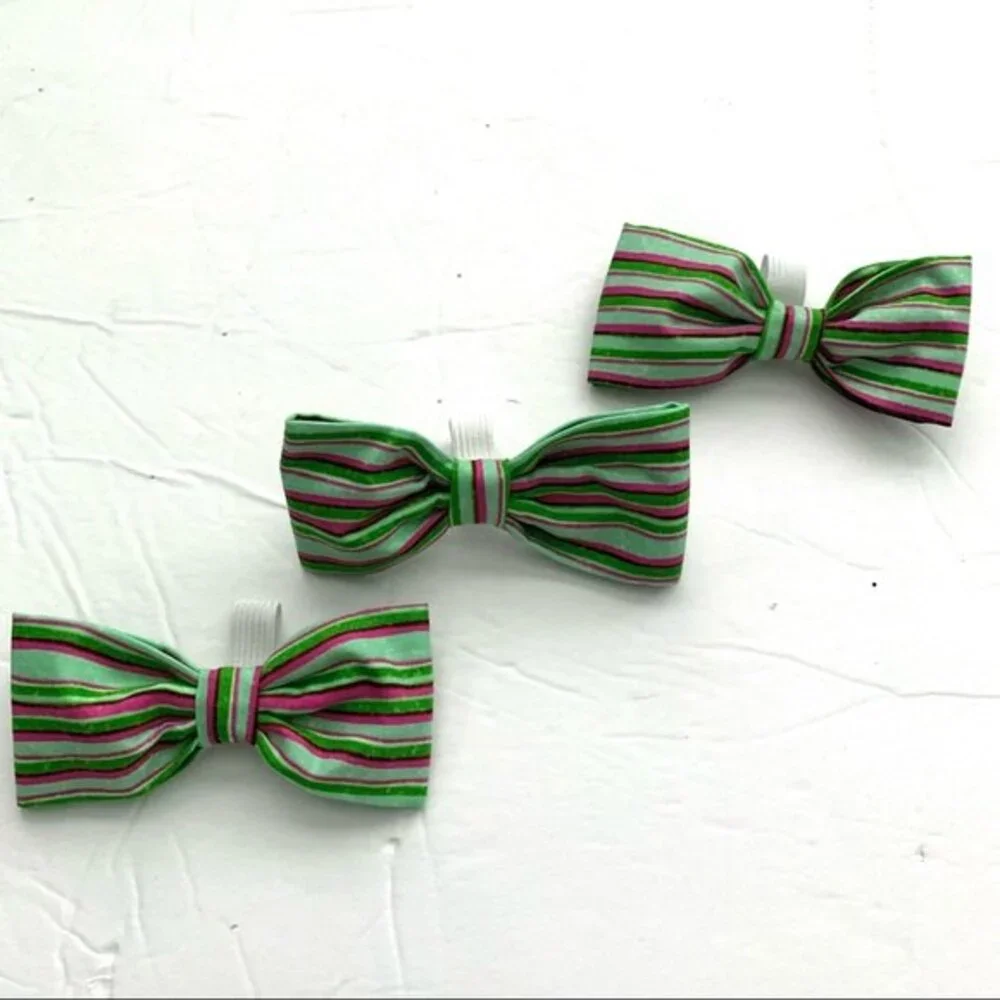 Handmade 1 Dog Bow for Collar Green & Pink Stripe Pattern 4 x 2 inches